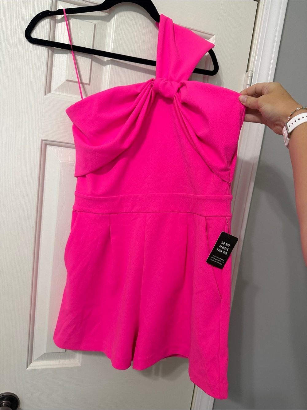Express Hot Pink One-Shoulder Knot Romper